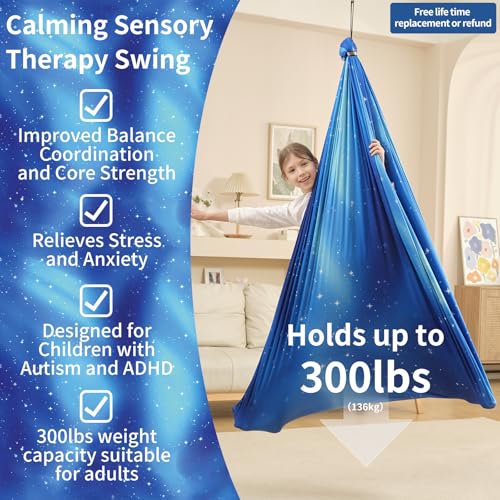 WUBOTIYU Sensory Swing for Kids Indoor & Outdoor Double Layer Therapy Cuddle Hammock Chair with 360 Swivel Hanger Kit Adjustable Swing for Child and Adult with Aspergers Autism ADHD (Star Blue) - Image 2