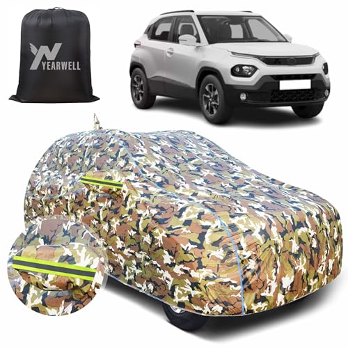 YEARWELL Car Body Cover for Tata Punch, 100% Waterproof with Mirror & Antenna Pockets, Military Print Design, UV & Dust Protection, Triple Stitched, Sky Piping & Reflector (Jungle Print) - Image 1