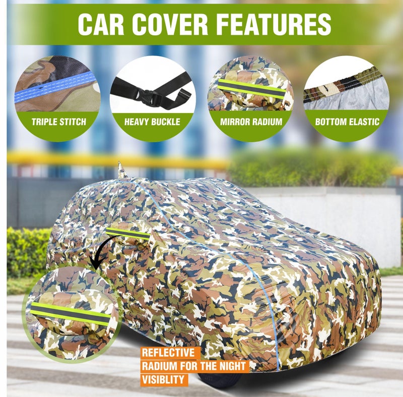 YEARWELL Car Body Cover for Tata Punch, 100% Waterproof with Mirror & Antenna Pockets, Military Print Design, UV & Dust Protection, Triple Stitched, Sky Piping & Reflector (Jungle Print) - Image 3