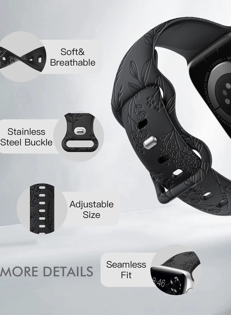 Excefore Compatible with Apple Watch Straps 42mm 44mm 45mm 49mm, Soft Silicone Sport Strap Women Engraved Dandelion Pattern Replacement for iWatch Series 8/7/SE/6/5/4/3/2/1, Black+White  - Image 2