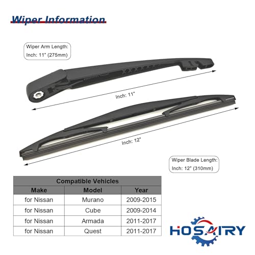 HOSAIRY Rear Wiper Arm Blade Set for Nissan Murano 2009-2015, for Nissan Cube 2009-2014, for Nissan Quest 2011-2017 Rear Windshield Wiper Arm Blade Assembly 287811FC0A 28781-1FC0A - Image 2