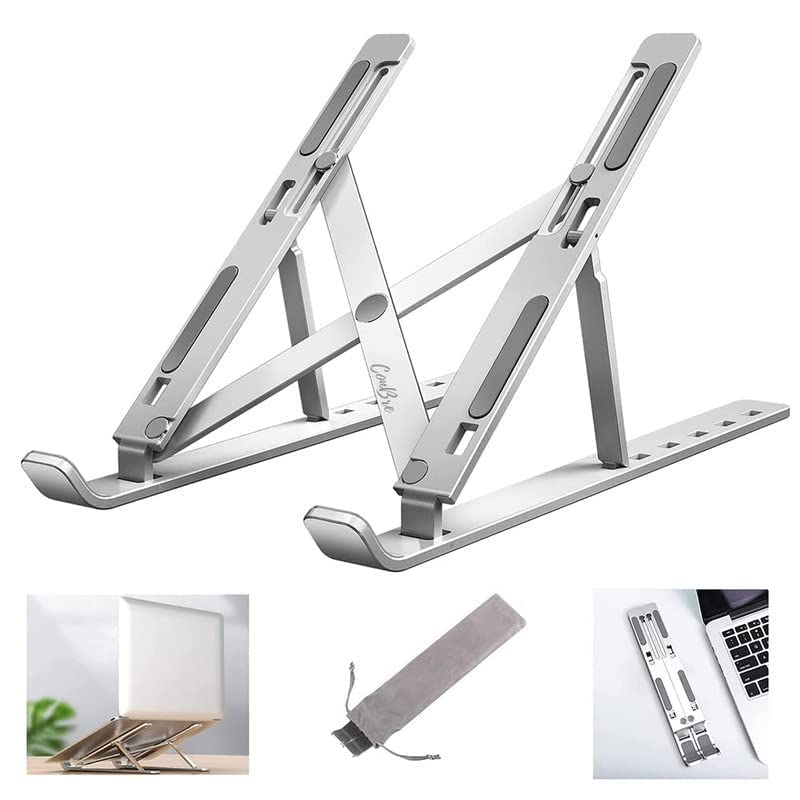 SEMINES SEMINES Tabletop Laptop Stand 7 Height Adjustable Aluminium Ventilated Foldable Portable Laptop Holder for Desk Table Mount Upto 156 inch Laptop with Carry Pouch Silver A2 