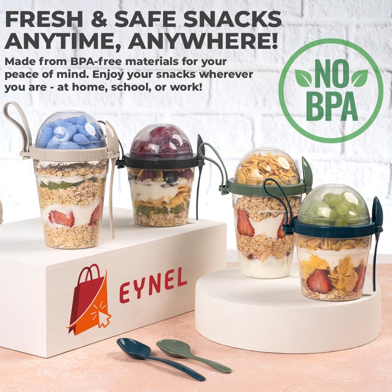 EYNEL On The Go Cereal Yogurt Cups with Lids and Spoon, Reusable Parfait Plastic Milk Breakfast Crunch Granola Oatmeal Smoothie Snack Prep Bowl (4 Colors Set With Handle, 17 oz) - Image 3