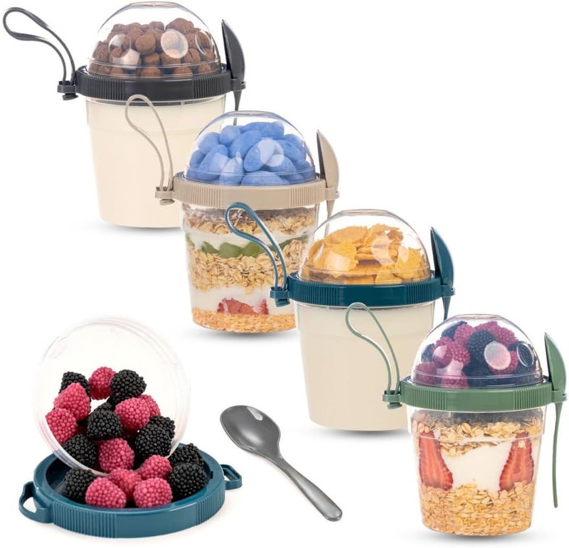 EYNEL On The Go Cereal Yogurt Cups with Lids and Spoon, Reusable Parfait Plastic Milk Breakfast Crunch Granola Oatmeal Smoothie Snack Prep Bowl (4 Colors Set With Handle, 17 oz) - Image 1