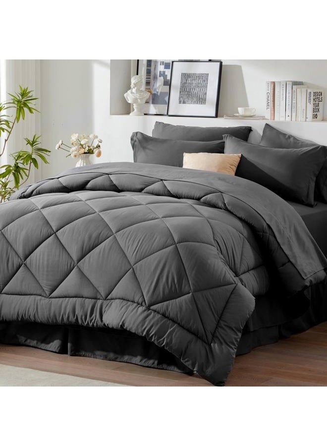 Newspin California King Comforter Set Dark Grey - Bed in a Bag Cal King Size 8 Pieces, All Season Bed Set, Fluffy Comforter Set with Sheets, Sheet Set Quilt Blanket, Pillowcases & Shams & Bed Skirt - Image 1