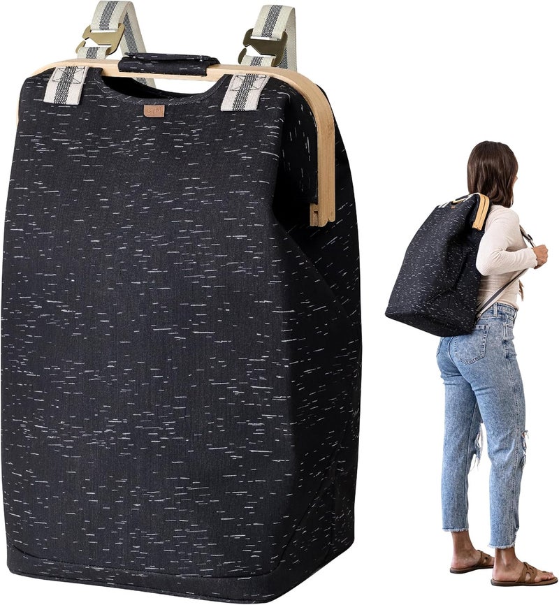 CleverMade Collapsible Laundry Backpack Hamper  Black Birch 45L  12 Gal 30 lbs  Space Saving Storage Organizer with Strap Home Organization - Image 1