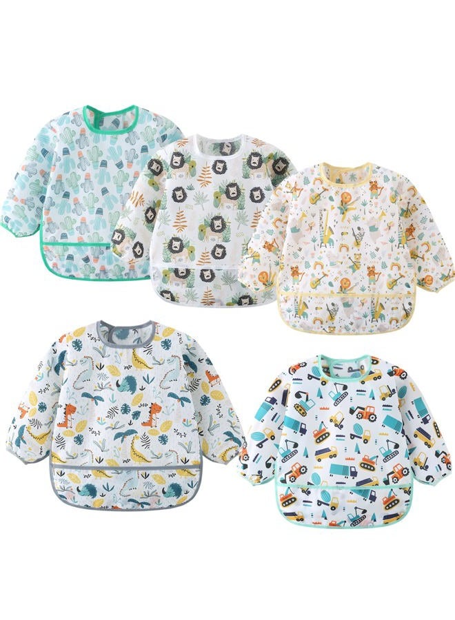 ElecMotive 5 Pack Long Sleeve Bib,Baby Toddler Waterproof Sleeved Bib for 6-30 Months Reusable with Catch-all Pocket - Image 1