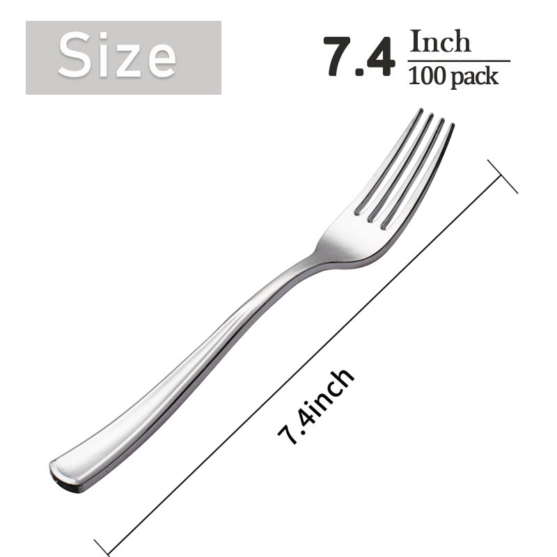 WDF 100 Piece Silver Plastic Forks - 7.4inch Silver Forks Disposable - Silver Plastic Silverware for Dessert Cake - Heavy Duty Plastic Cutlery for Party or Daily Using - Image 2