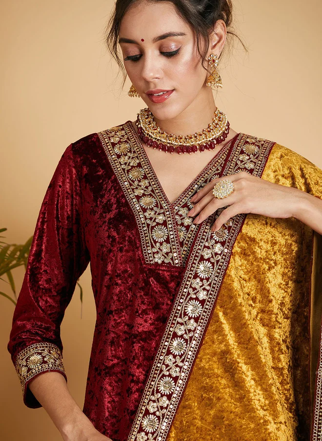 SASSAFRAS Mustard Floral Embroidered Velvet Dupatta for Women