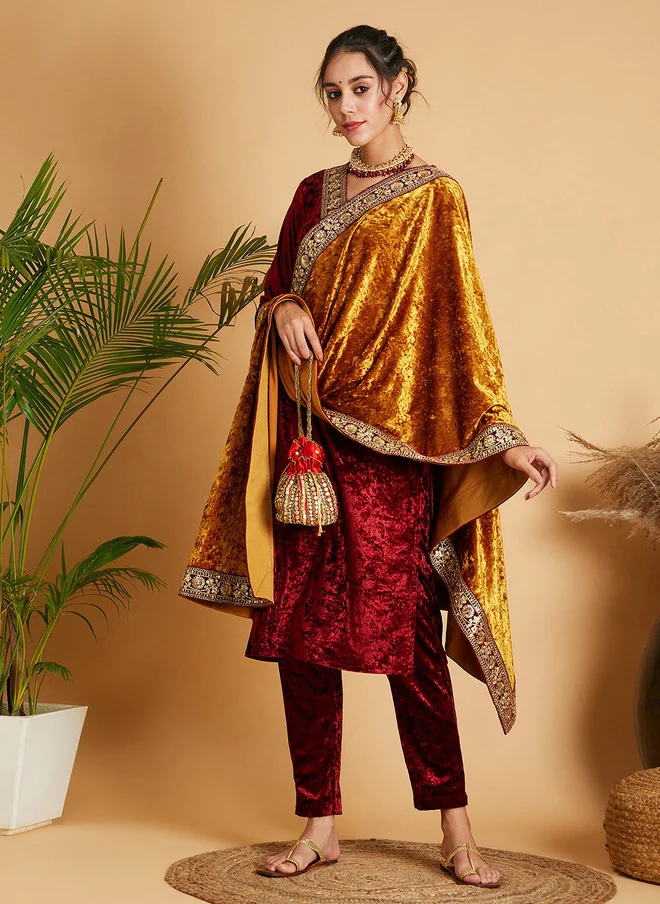 SASSAFRAS Mustard Floral Embroidered Velvet Dupatta for Women