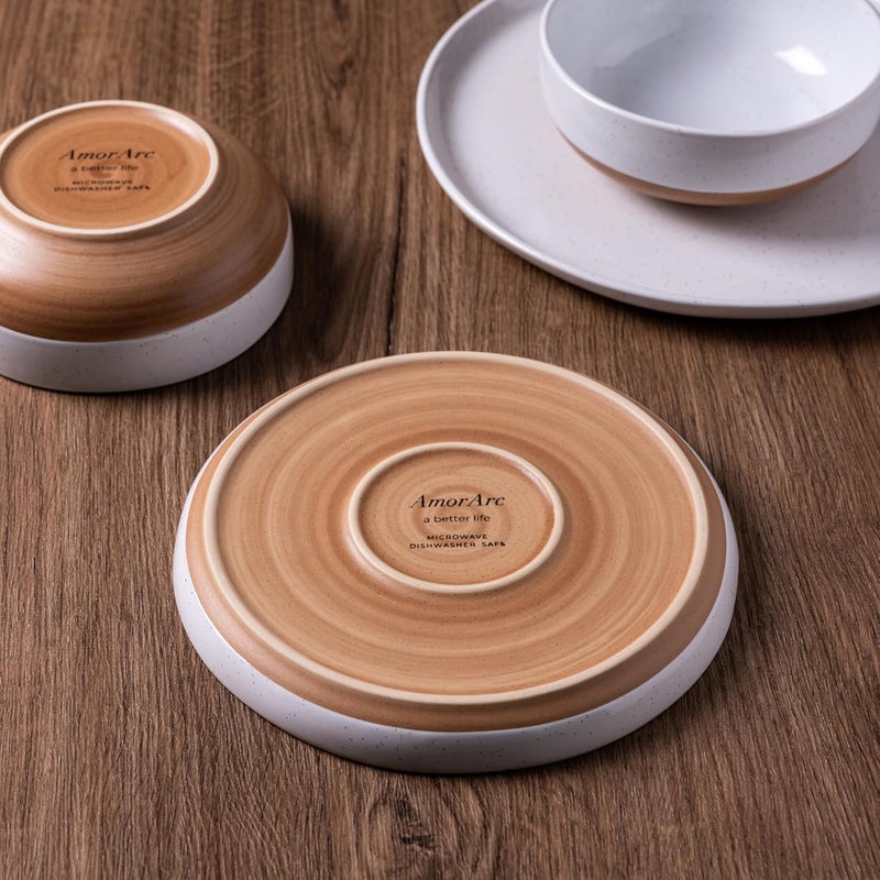 AmorArc Ceramic Dinnerware Sets for 8 24 Pieces Handpainted Plates and Bowls Set with Rustic Terracotta Underside Scratch Resistant Stoneware Dishes Set Dishwasher  Microwave Safe White - Image 3