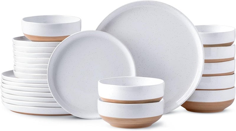 AmorArc Ceramic Dinnerware Sets for 8 24 Pieces Handpainted Plates and Bowls Set with Rustic Terracotta Underside Scratch Resistant Stoneware Dishes Set Dishwasher  Microwave Safe White - Image 1