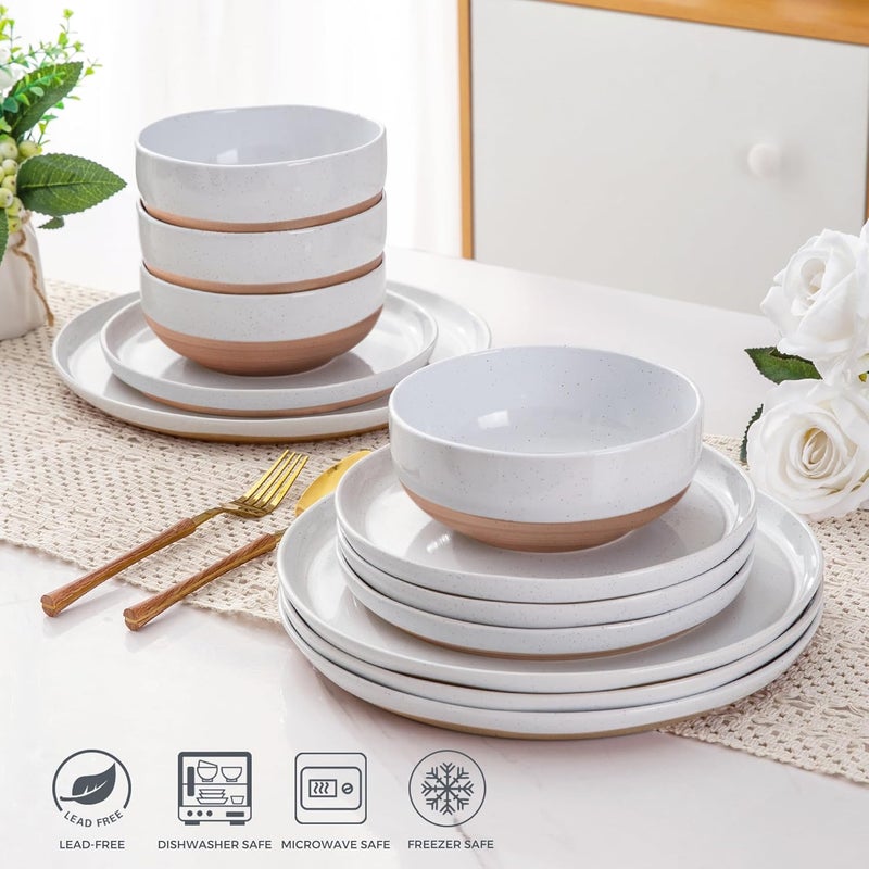 AmorArc Ceramic Dinnerware Sets for 8 24 Pieces Handpainted Plates and Bowls Set with Rustic Terracotta Underside Scratch Resistant Stoneware Dishes Set Dishwasher  Microwave Safe White - Image 5