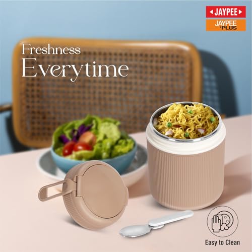 JAYPEE SoloMeal PUF Insulated Inner Stainless Steel Food Jar with Foldable Spoon|Hot/Cold Meal Jar for Kids|Office Women |Men|Food Storage Traveling Box Light Weight |Scratch Resistant|500 ml, Brown - Image 2