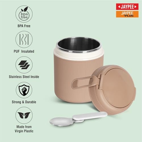 JAYPEE SoloMeal PUF Insulated Inner Stainless Steel Food Jar with Foldable Spoon|Hot/Cold Meal Jar for Kids|Office Women |Men|Food Storage Traveling Box Light Weight |Scratch Resistant|500 ml, Brown - Image 3