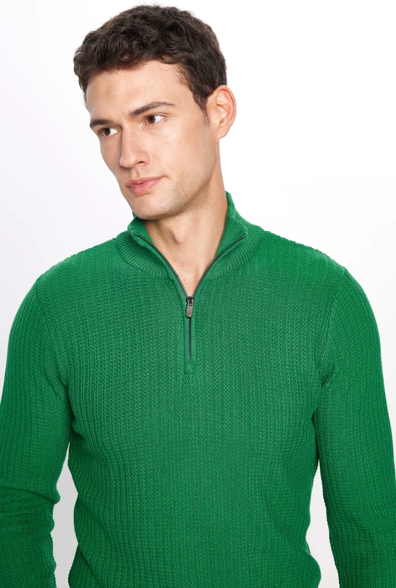 تودورس Men's Slim Fit Slim Fit Stand Collar Zippered Green Sweater
