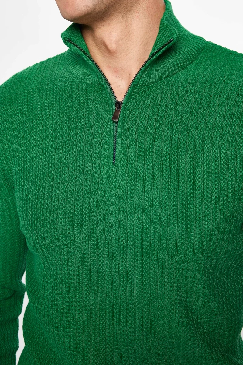 تودورس Men's Slim Fit Slim Fit Stand Collar Zippered Green Sweater