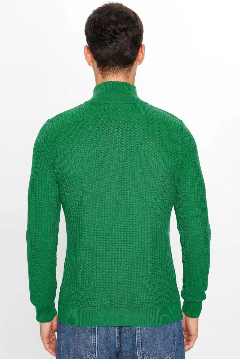 تودورس Men's Slim Fit Slim Fit Stand Collar Zippered Green Sweater