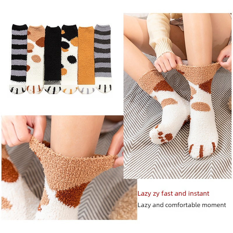Womens Winter Thick Fleece Cat Claw Socks Khakis Dot  - Image 3