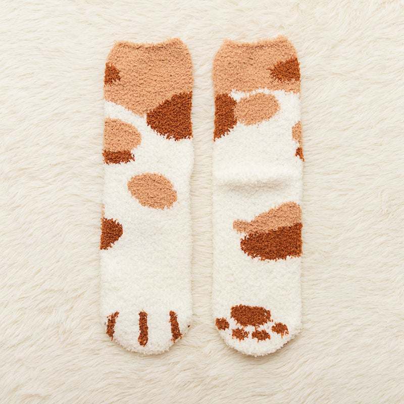 Womens Winter Thick Fleece Cat Claw Socks Khakis Dot  - Image 1
