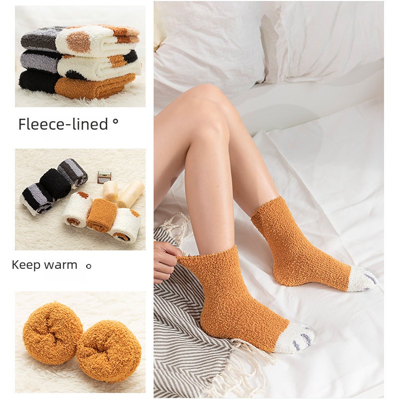 Womens Winter Thick Fleece Cat Claw Socks Khakis Dot  - Image 4