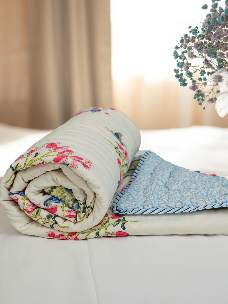 Baarno Bougainvillea Single Bed Comforter Uniform Cotton Filling 100 Cotton Soft Cozy AC Dohar Blanket Lightweight Reversible Design All Weather Quilt Color White - Image 1