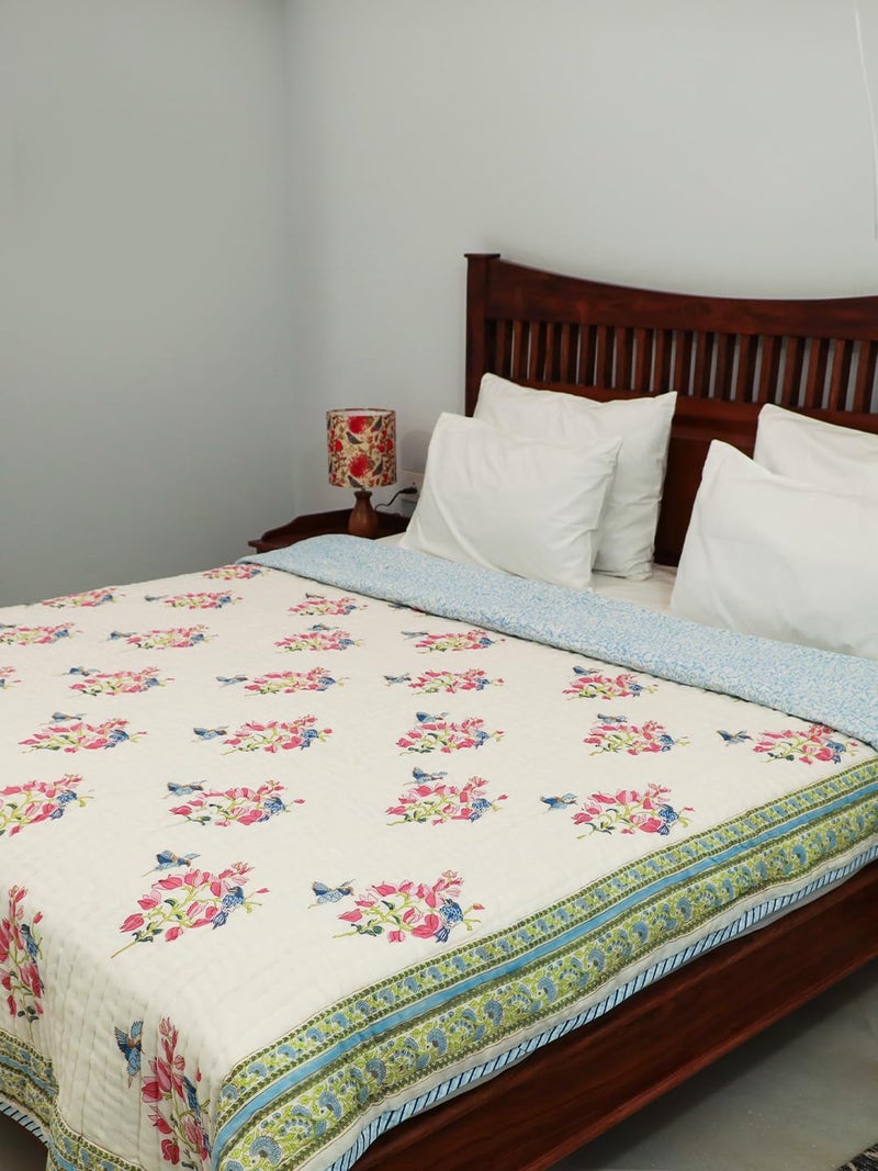 Baarno Bougainvillea Single Bed Comforter Uniform Cotton Filling 100 Cotton Soft Cozy AC Dohar Blanket Lightweight Reversible Design All Weather Quilt Color White - Image 5