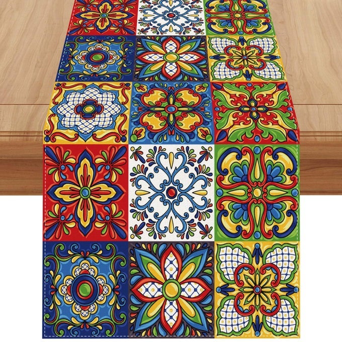 LINEN MEXICAN TALAVERA CERAMIC TILE TABLE RUNNER 72 INCHES LONG MEXICAN FIESTA TABLECLOTH CINCO DE MAYO PARTY DECORATION AND SUPPLIES FOR TABLE