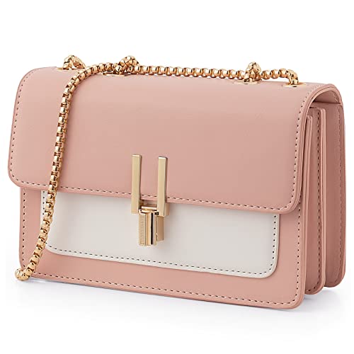 TOP BAND Crossbody Bags Cute Faux Leather Trendy Cross Body Purses for Women Small Color-Block Designer Handbags Ladies Satchel Chain Strap Shoulder Bag Pink White - Image 1