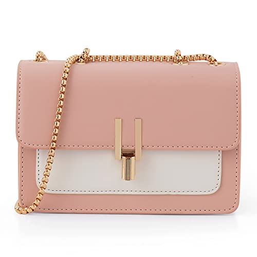 TOP BAND Crossbody Bags Cute Faux Leather Trendy Cross Body Purses for Women Small Color-Block Designer Handbags Ladies Satchel Chain Strap Shoulder Bag Pink White - Image 2