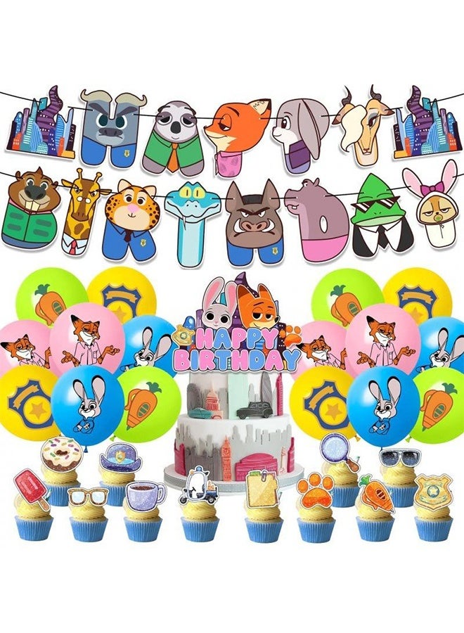 Zootopia Party Supplies, Birthday Decoration,Cartoon Theme Party Favors for Girls & Boys, Included Happy Birthday Banner, Cupcake Toppers, Latex Balloons- 30Pcs - Image 1