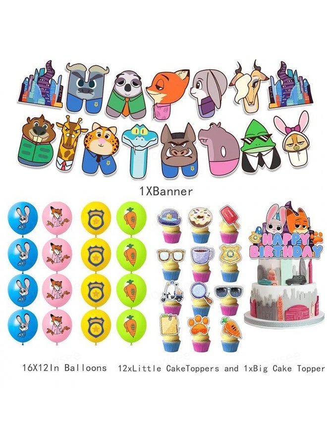 Zootopia Party Supplies, Birthday Decoration,Cartoon Theme Party Favors for Girls & Boys, Included Happy Birthday Banner, Cupcake Toppers, Latex Balloons- 30Pcs - Image 2