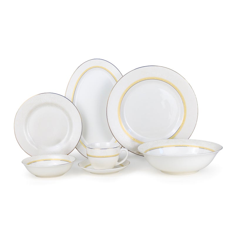 Shallow KIVA 32Pc Bone China Dinner Set | White & Gold Rim Dinnerware for Everyday Dining & Hosting| Plates,Bowls,Cups | Microwave & Dishwasher Safe Perfect for 6 Persons for Ramdan, Christmas - Image 1
