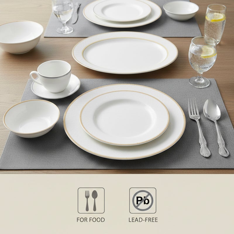 Shallow KIVA 32Pc Bone China Dinner Set | White & Gold Rim Dinnerware for Everyday Dining & Hosting| Plates,Bowls,Cups | Microwave & Dishwasher Safe Perfect for 6 Persons for Ramdan, Christmas - Image 3