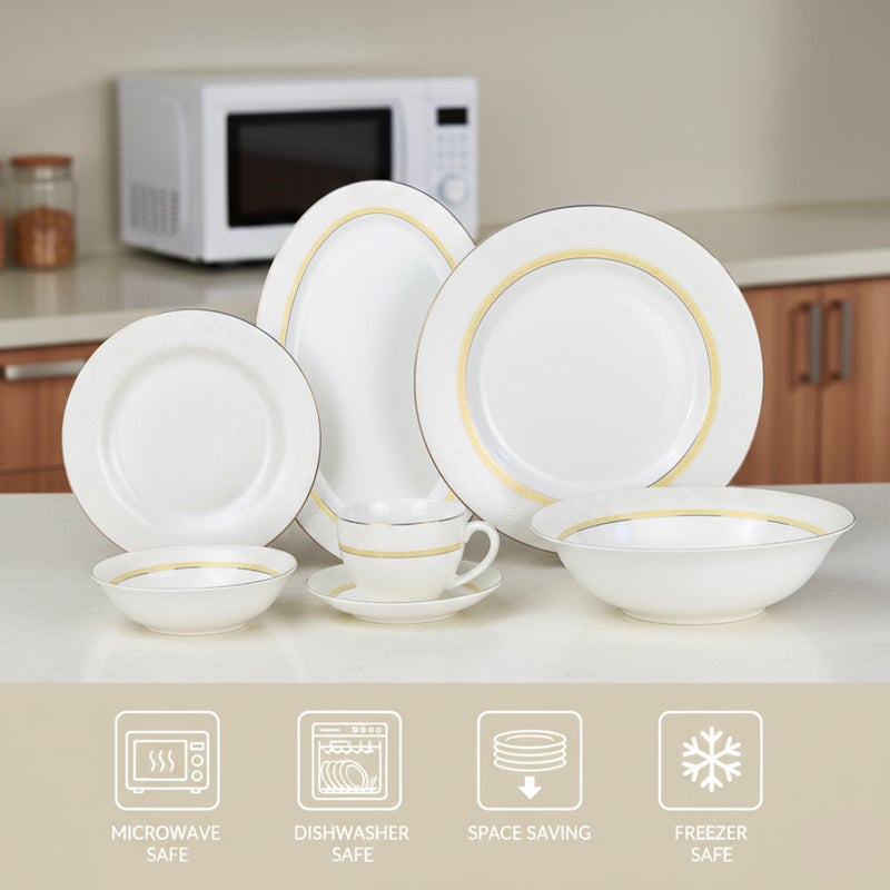 Shallow KIVA 32Pc Bone China Dinner Set | White & Gold Rim Dinnerware for Everyday Dining & Hosting| Plates,Bowls,Cups | Microwave & Dishwasher Safe Perfect for 6 Persons for Ramdan, Christmas - Image 4