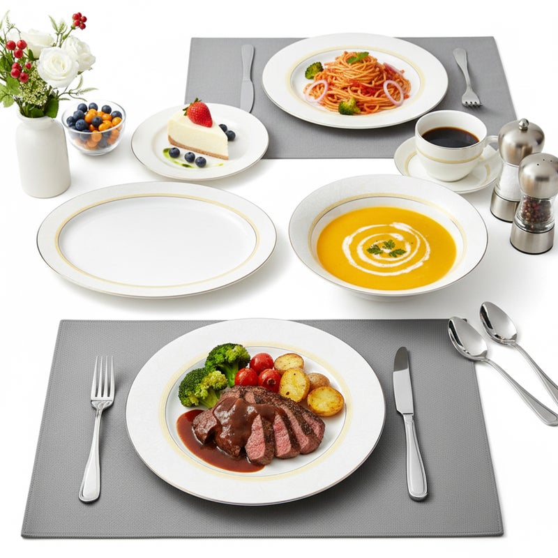 Shallow KIVA 32Pc Bone China Dinner Set | White & Gold Rim Dinnerware for Everyday Dining & Hosting| Plates,Bowls,Cups | Microwave & Dishwasher Safe Perfect for 6 Persons for Ramdan, Christmas - Image 5