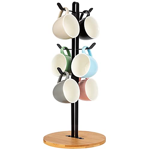 TIEYIPIN Coffee Mug Holder, Espresso Cup Holder, Mugs Tree Hanger, Bamboo Base Coffee Cup Holder Stand with 6 Hooks for Kitchen, Coffee Bar Counter - Image 1