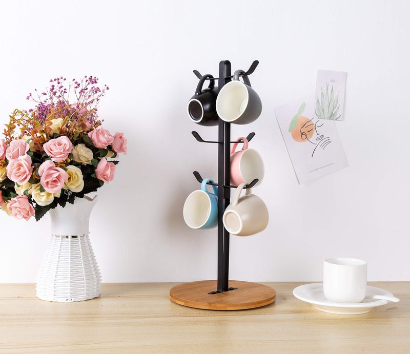 TIEYIPIN Coffee Mug Holder, Espresso Cup Holder, Mugs Tree Hanger, Bamboo Base Coffee Cup Holder Stand with 6 Hooks for Kitchen, Coffee Bar Counter - Image 2