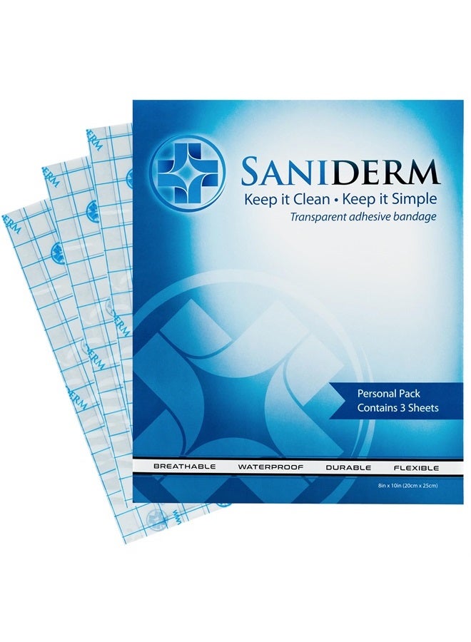 Saniderm Tattoo Aftercare Bandage 3 Sheets (Large Pack, 8 in x 10 in) – Convenient, Faster Tattoo Healing and Protection – Sterile, Waterproof, and Latex-Free - Image 1