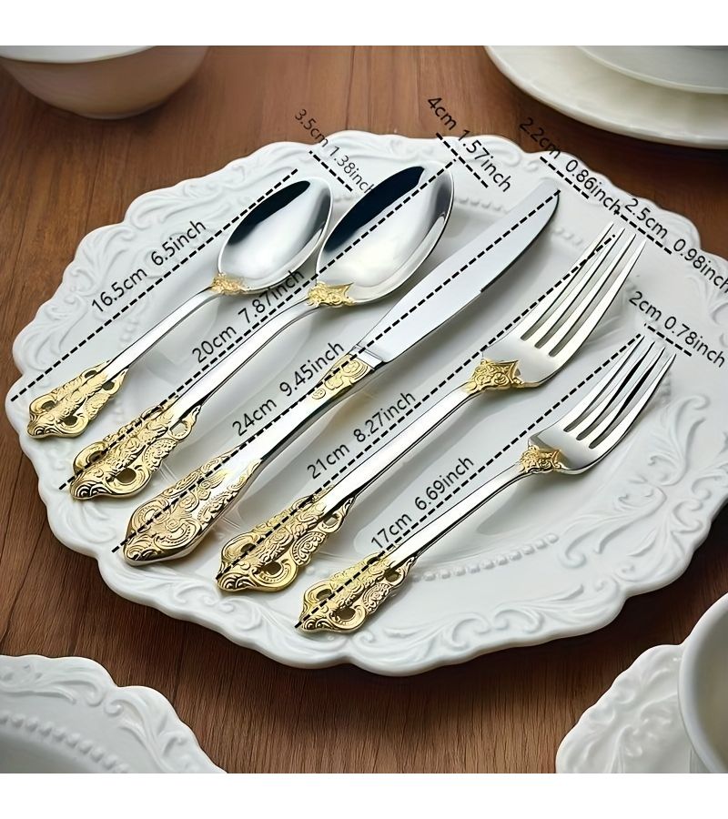 5 Pieces European Style Royal Dining Utensil Set With Knives Forks Spoons Dessert Cutlery And Golden Silvery Tableware For Party Supplies - Image 3