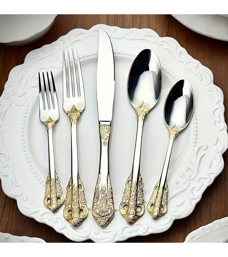 5 Pieces European Style Royal Dining Utensil Set With Knives Forks Spoons Dessert Cutlery And Golden Silvery Tableware For Party Supplies - Image 1