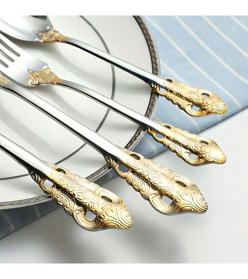 5 Pieces European Style Royal Dining Utensil Set With Knives Forks Spoons Dessert Cutlery And Golden Silvery Tableware For Party Supplies - Image 2