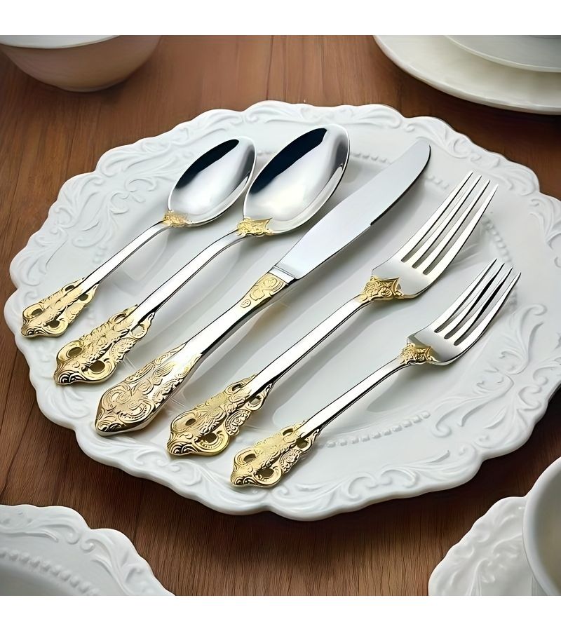 5 Pieces European Style Royal Dining Utensil Set With Knives Forks Spoons Dessert Cutlery And Golden Silvery Tableware For Party Supplies - Image 4