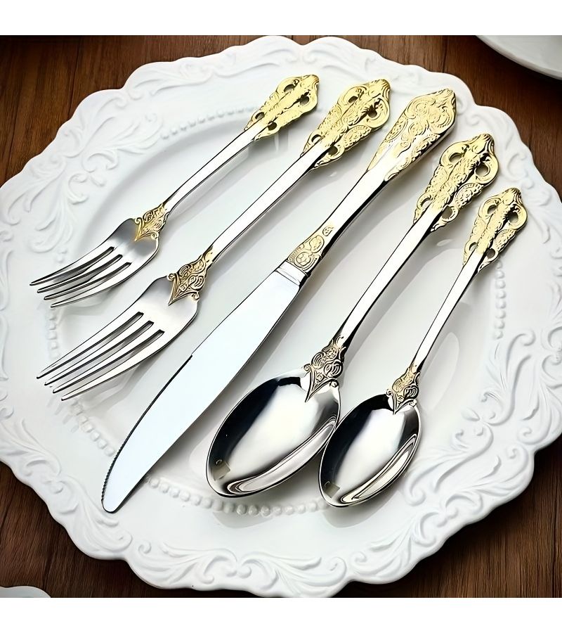 5 Pieces European Style Royal Dining Utensil Set With Knives Forks Spoons Dessert Cutlery And Golden Silvery Tableware For Party Supplies - Image 5