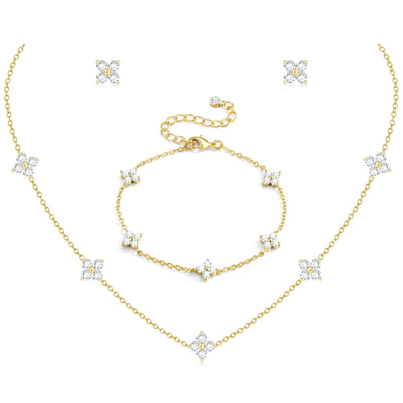 ORAZIO Dainty Gold Jewelry Set for Women Trendy 14K Gold Plated CZ Flowers Pendant Choker Necklaces for Women Stud Earrings Link Bracelets Stack Jewelry Gifts for Wedding Prom Brides - Image 1