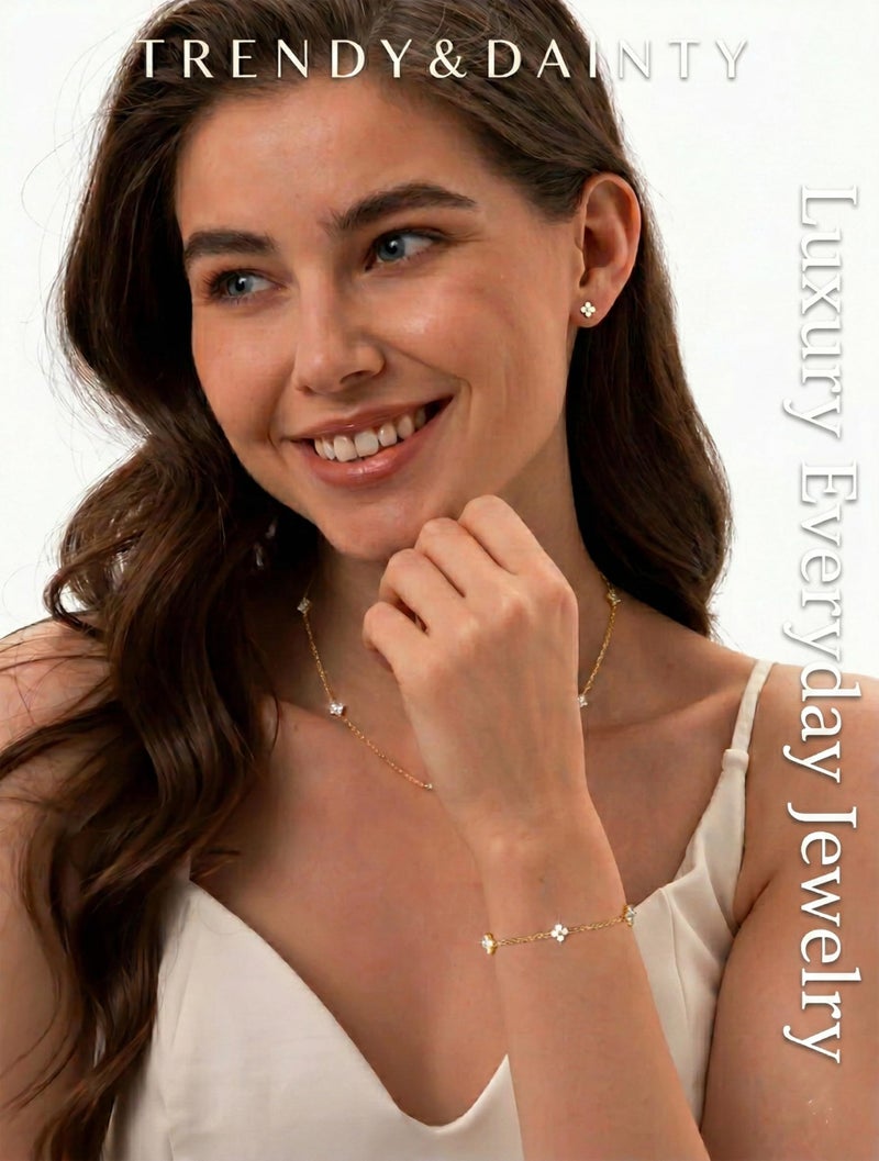 ORAZIO Dainty Gold Jewelry Set for Women Trendy 14K Gold Plated CZ Flowers Pendant Choker Necklaces for Women Stud Earrings Link Bracelets Stack Jewelry Gifts for Wedding Prom Brides - Image 2