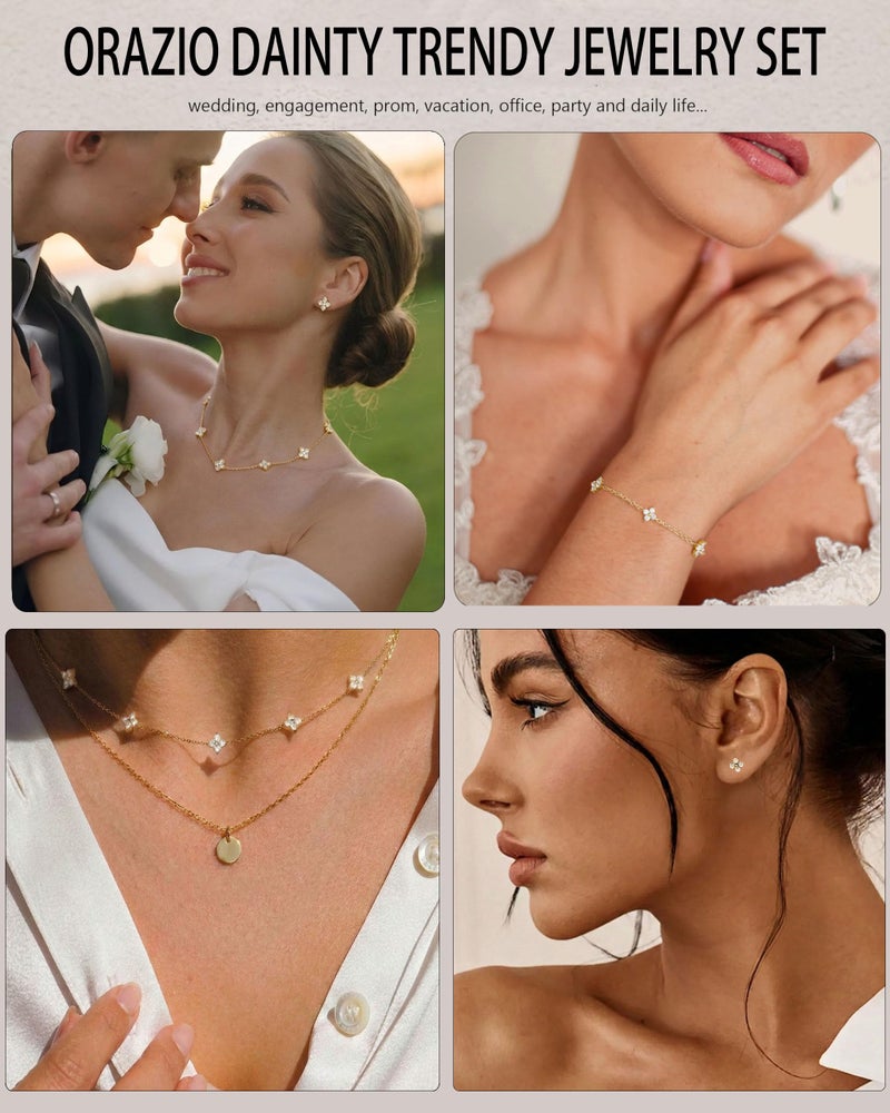 ORAZIO Dainty Gold Jewelry Set for Women Trendy 14K Gold Plated CZ Flowers Pendant Choker Necklaces for Women Stud Earrings Link Bracelets Stack Jewelry Gifts for Wedding Prom Brides - Image 5