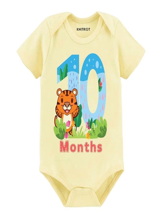 KNITROOT Monthly Birthday Special Newborn Baby Yellow Color Half Sleeve Unisex Romper, Sleepsuit, Body Suit, Envelope Neck, 10 Months Tiger Print, 9-12 Months, Infants Cloths for boys & Girls - Image 1