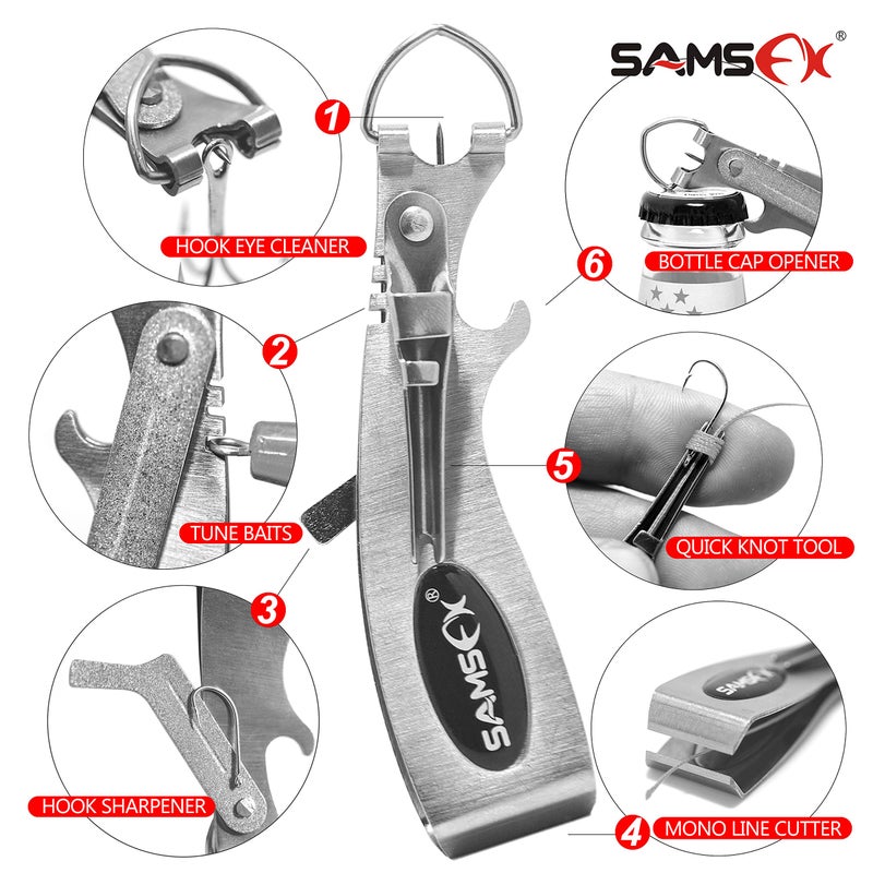 SAMSFX Fishing Quick Knot Tying Tool 6 in 1 Fly Line Clippers with Zinger Retractor (6 in 1 Clipper & Carabiner Style Zinger Retractor) - Image 3
