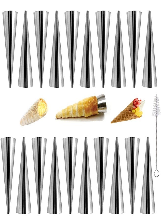 JIELUO 20Pcs Large Conical Cream Horn Molds, Non-stick Cream Horn Molds Stainless Steel, 5 inch Large Size Cannoli Tubes Kit Pack of Baking Cones Pastry Roll Horn Croissant Mold With brush - Image 1